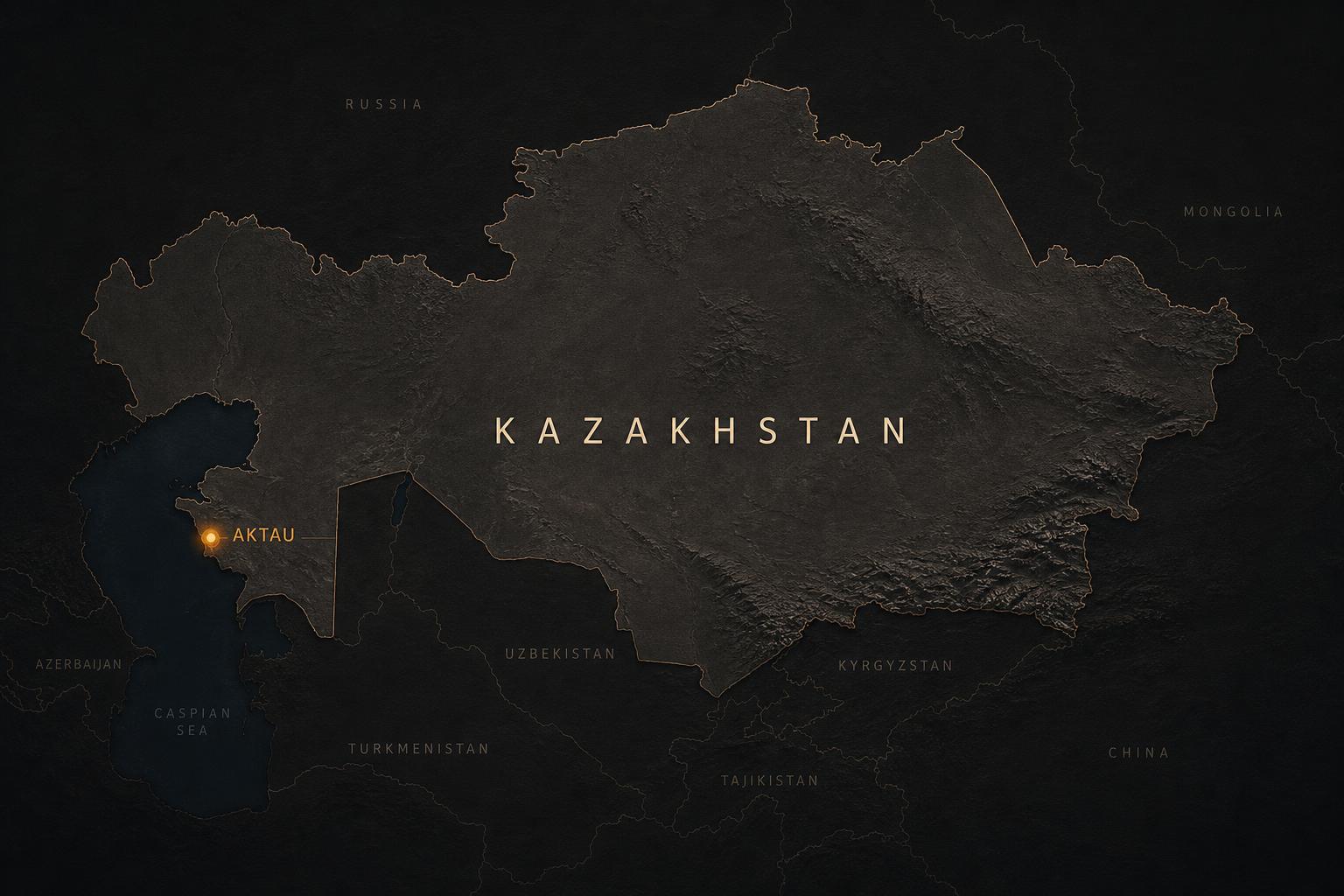 Map of Kazakhstan with Aktau marked on the western Caspian coast
